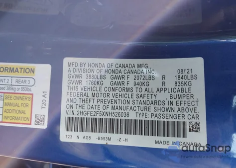 2022 Honda Civic Sport from USA, damaged, VIN 2HGFE2F5XNH526036